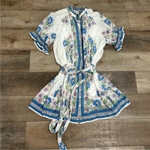 Juliet Dunn London Blouson Blue Floral lightweight Dress 100% Cotton Mini Dress